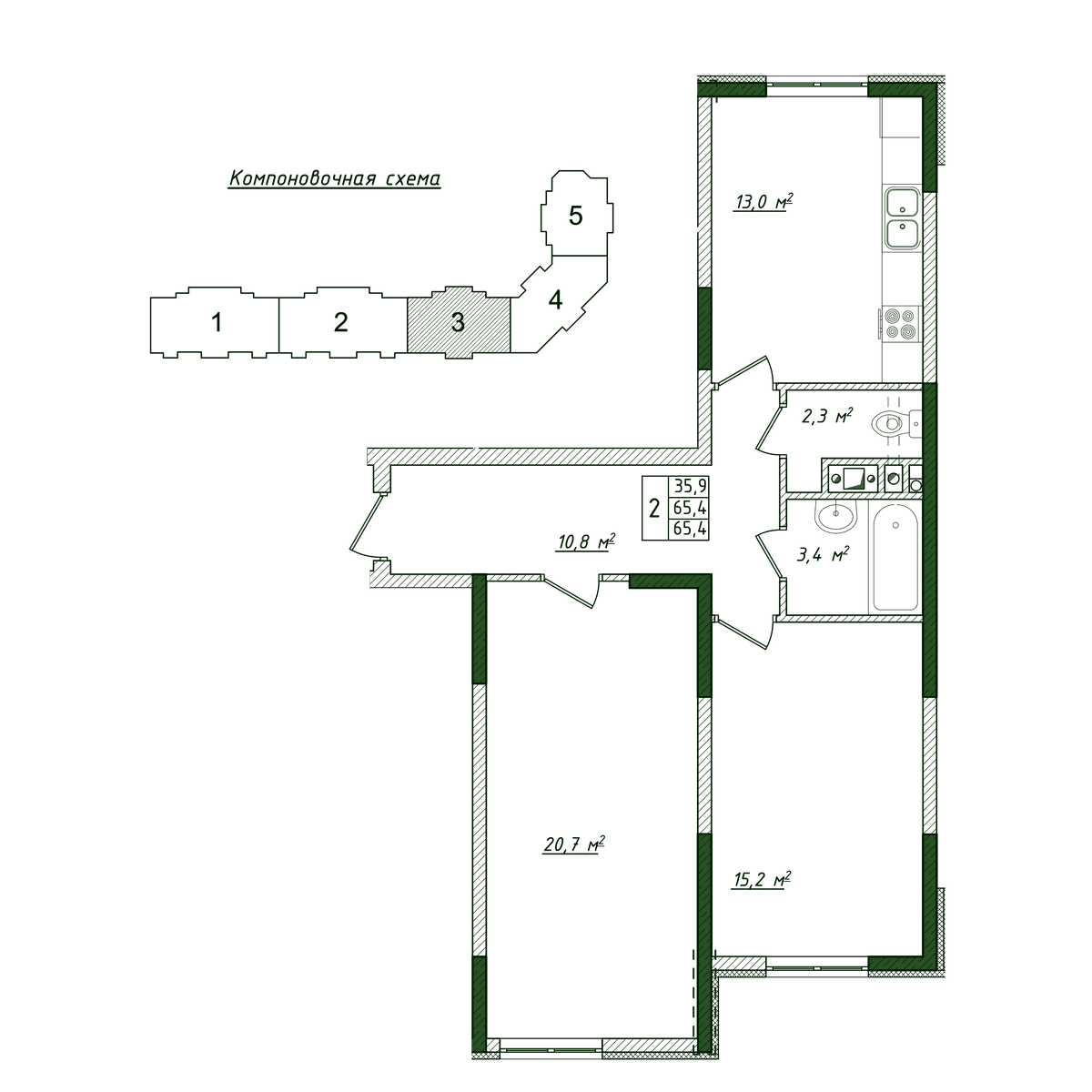 2-к, 65.4 м² · Жигулина Роща
