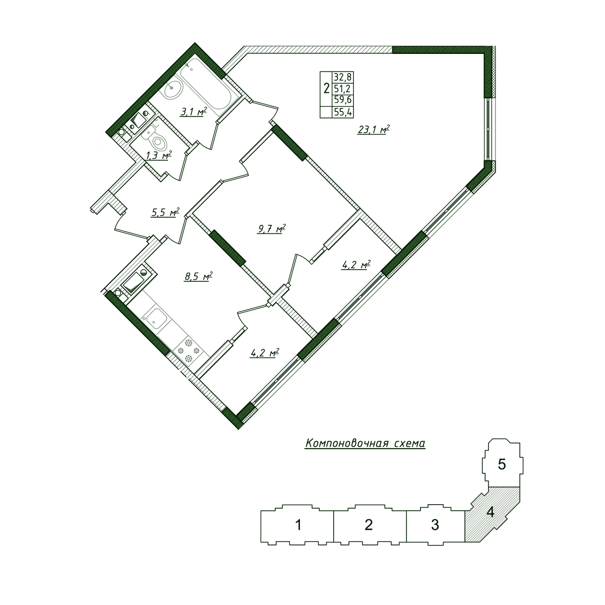2-к, 55.4 м² · Жигулина Роща