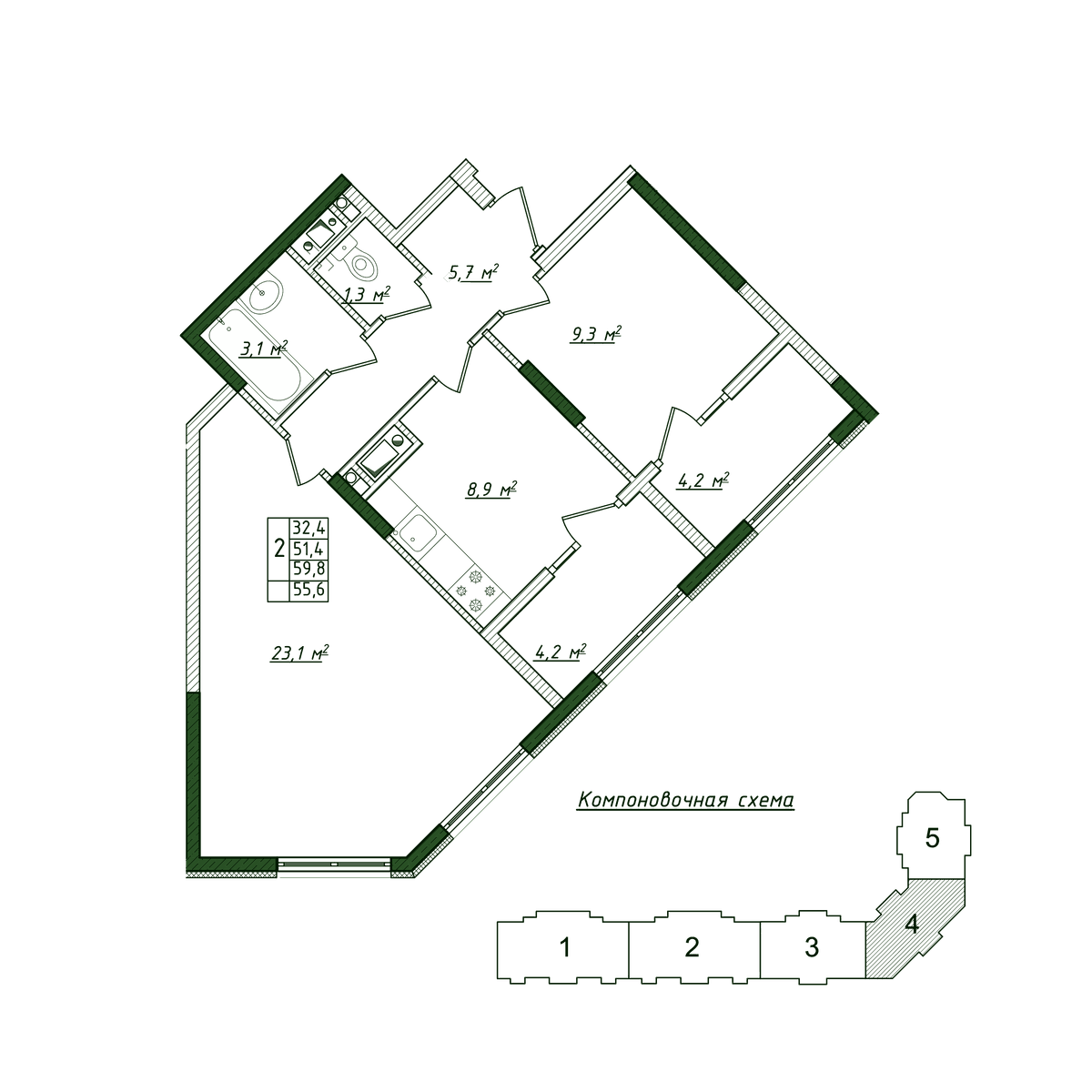 2-к, 55.6 м² · Жигулина Роща