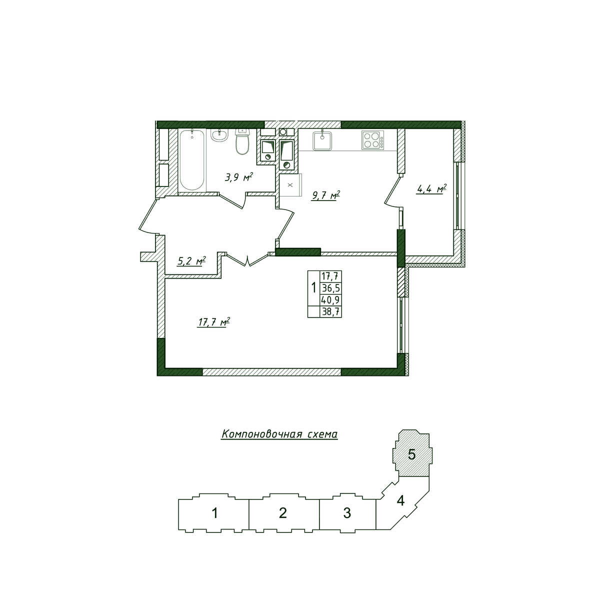 1-к, 38.7 м² · Жигулина Роща