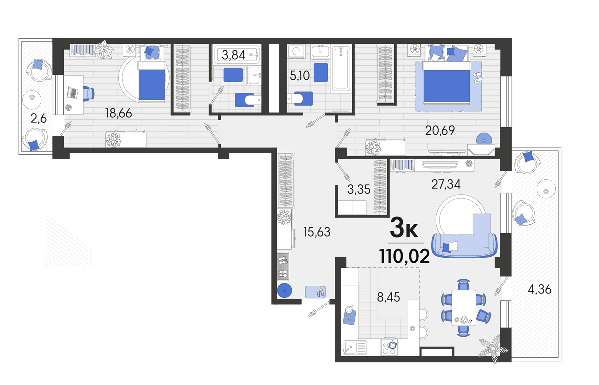 3-к, 110.7 м² · Белые Росы 2