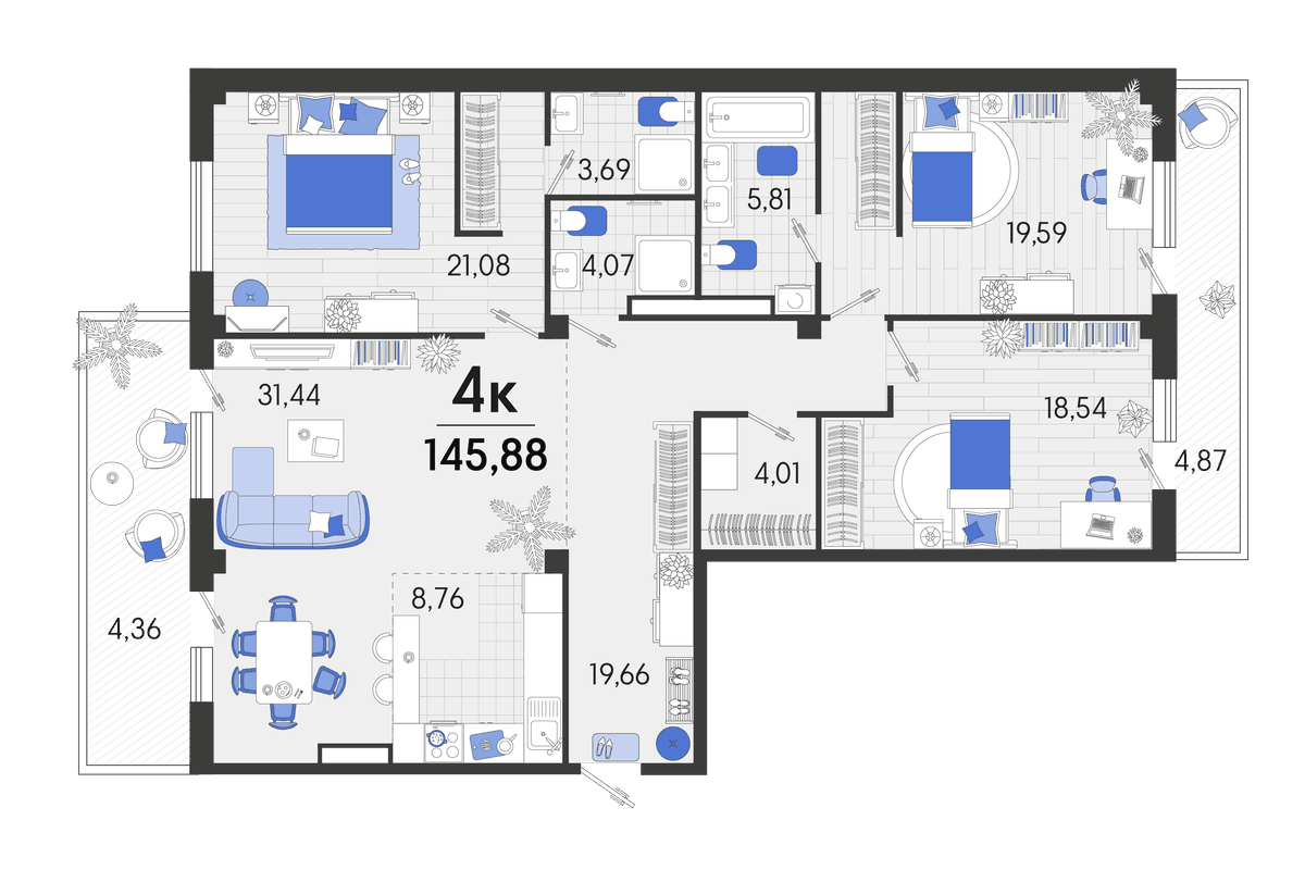 4-к, 146.55 м² · Белые Росы 2
