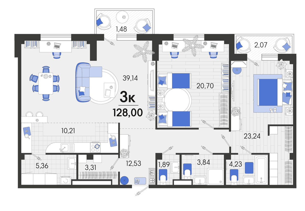3-к, 128.29 м² · Белые Росы 2