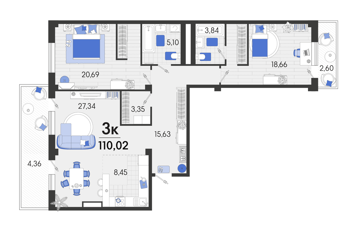 3-к, 112.1 м² · Белые Росы 2