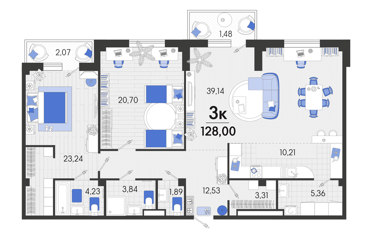 3-к, 128.89 м² · Белые Росы 2
