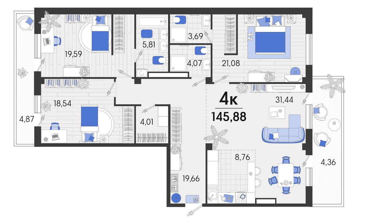 4-к, 146.65 м² · Белые Росы 2