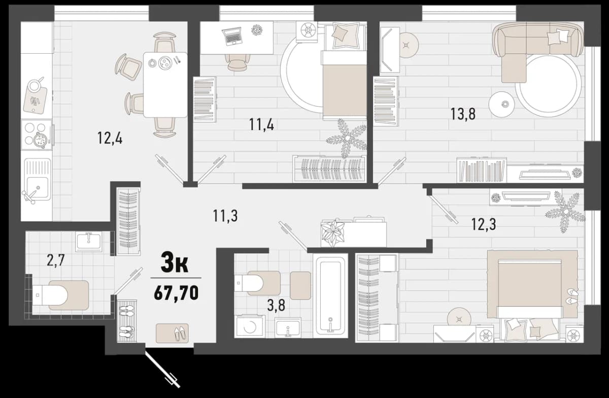 3-к, 67.7 м² · Барса