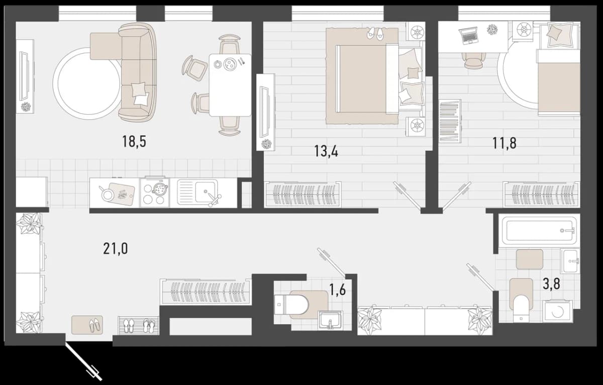 2-к, 70.1 м² · Барса