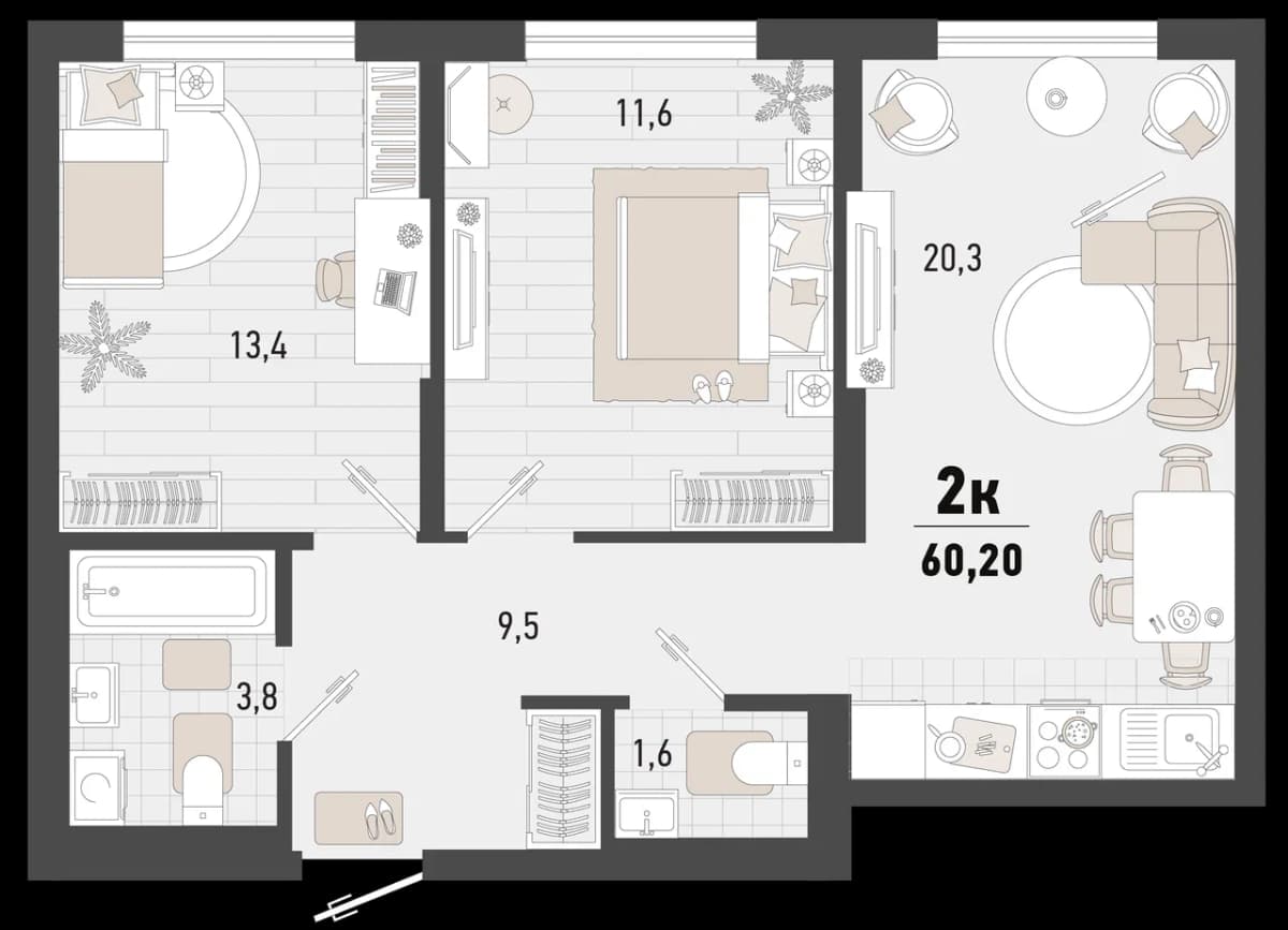 2-к, 60.2 м² · Барса