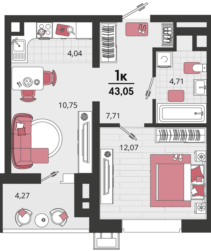 2-к, 43.05 м² · Родные просторы