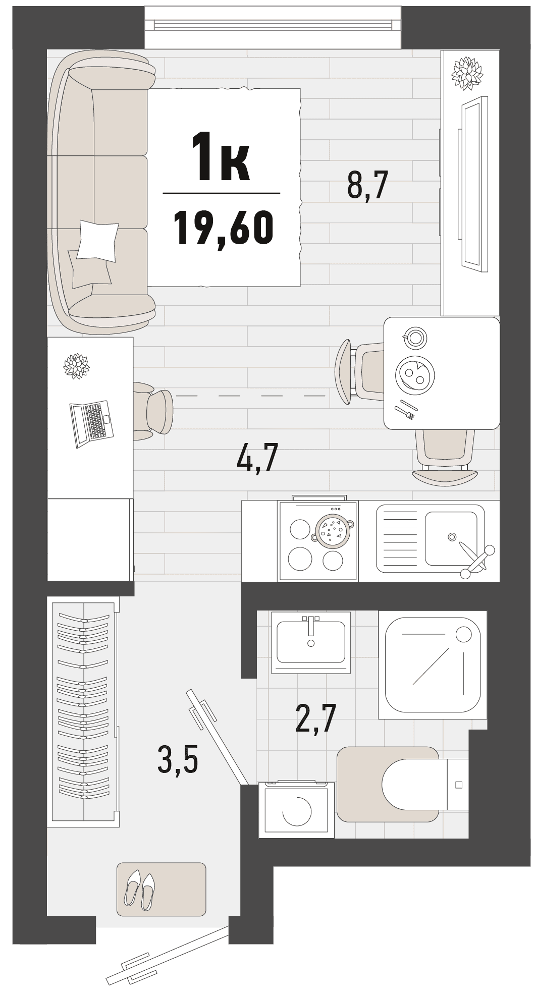 Студия, 19.6 м² · Барса