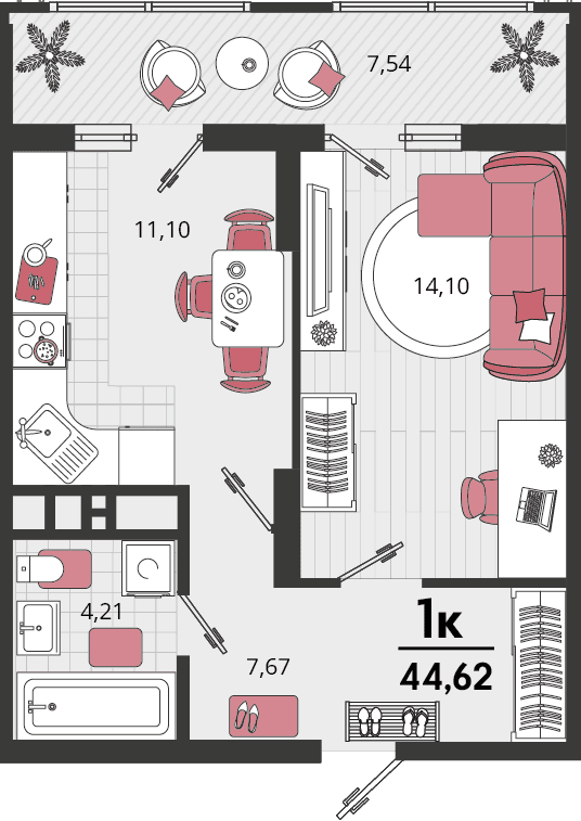 1-к, 44.62 м² · Родные просторы