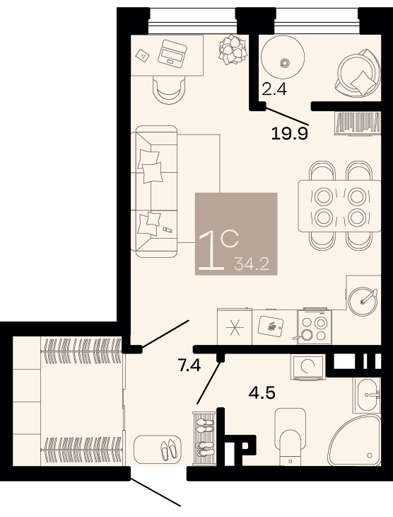 Студия, 34.2 м² · Хозяин морей