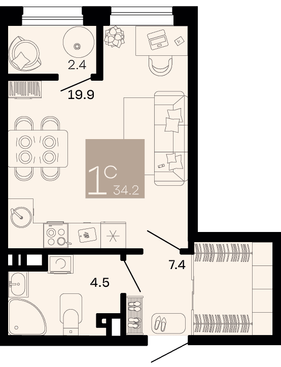 Студия, 34.2 м² · Хозяин морей