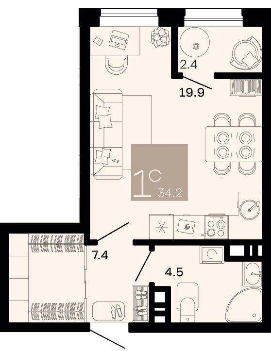 Студия, 34.2 м² · Хозяин морей