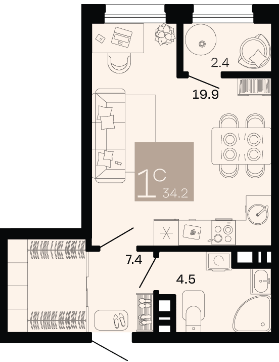 1-к, 34.2 м² · Хозяин морей