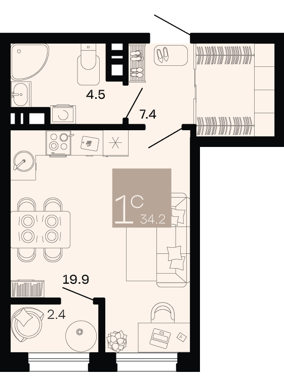 Студия, 34.2 м² · Хозяин морей