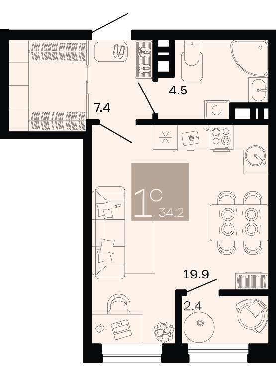 Студия, 34.2 м² · Хозяин морей