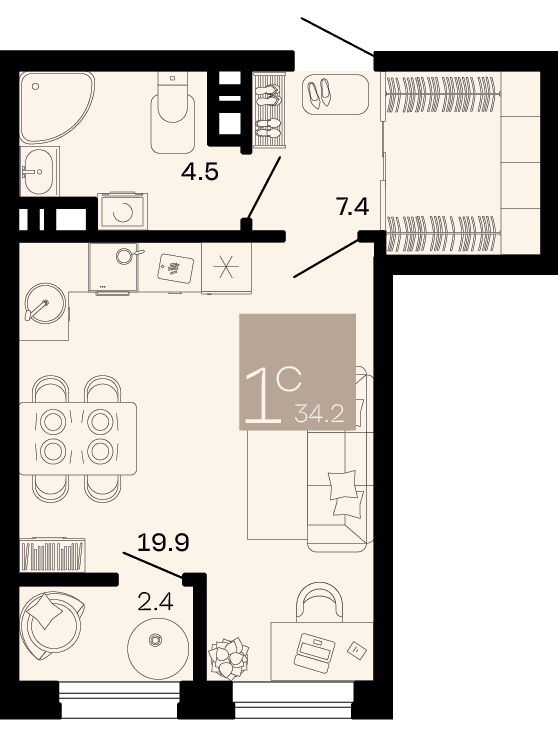 Студия, 34.2 м² · Хозяин морей