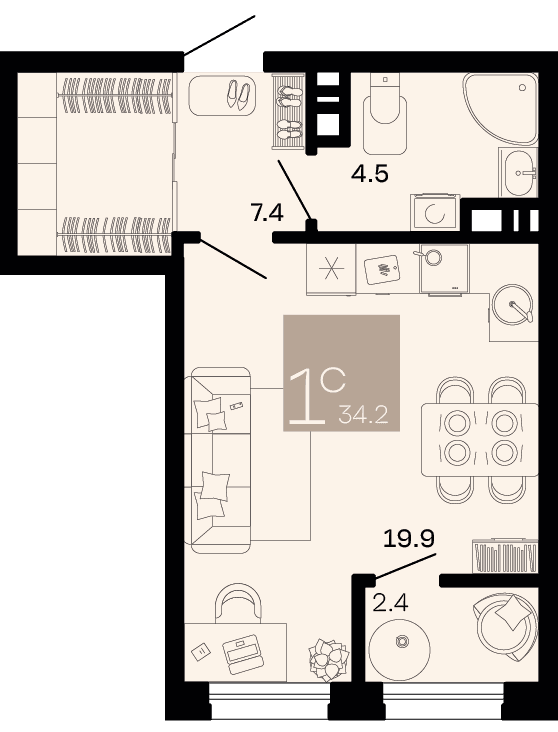 Студия, 34.2 м² · Хозяин морей