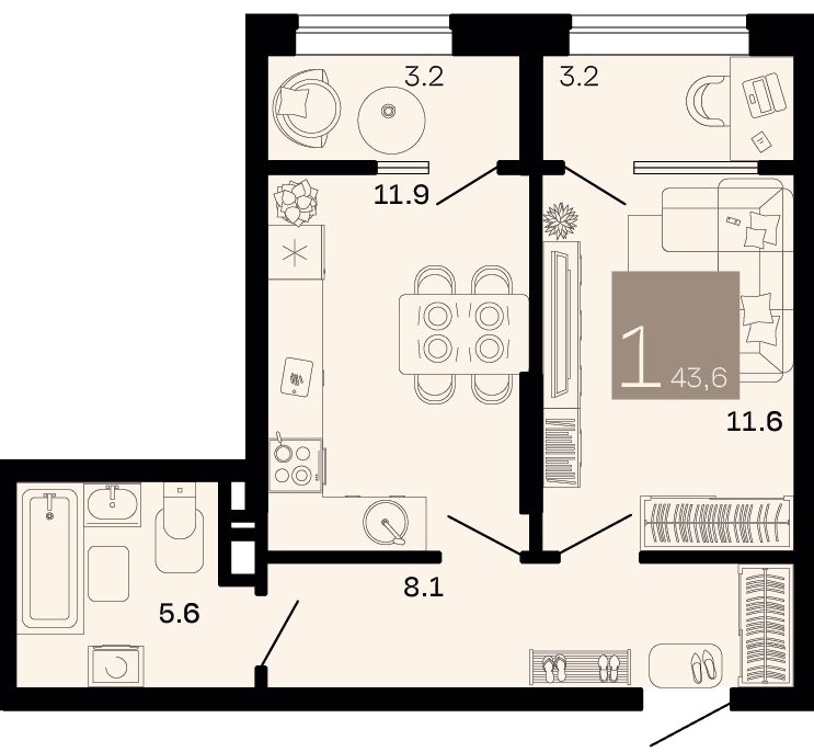 1-к, 43.6 м² · Хозяин морей