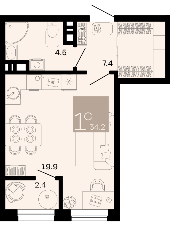 Студия, 34.2 м² · Хозяин морей