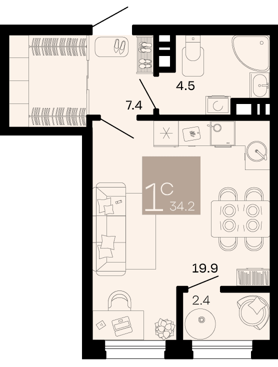 Студия, 34.2 м² · Хозяин морей