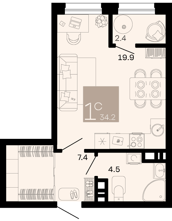 Студия, 34.2 м² · Хозяин морей