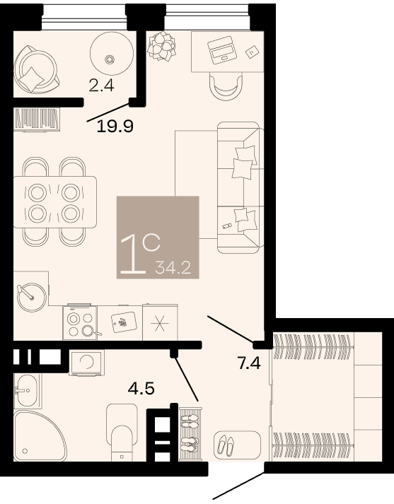 Студия, 34.2 м² · Хозяин морей