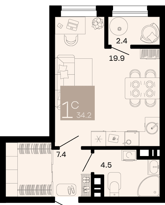 Студия, 34.2 м² · Хозяин морей