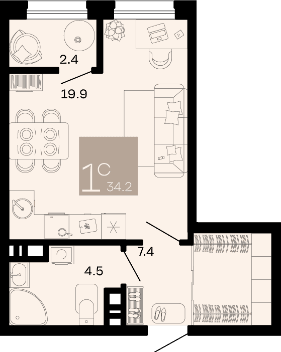 Студия, 34.2 м² · Хозяин морей