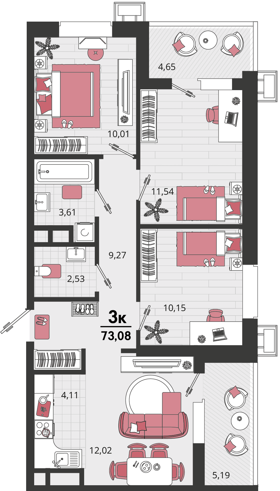 4-к, 73.08 м² · Родные просторы