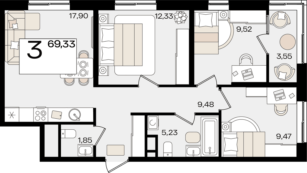 3-к, 69.33 м² · Патрики