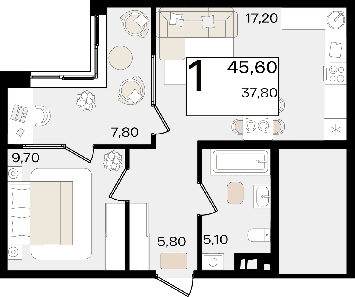 1-к, 45.6 м² · Патрики