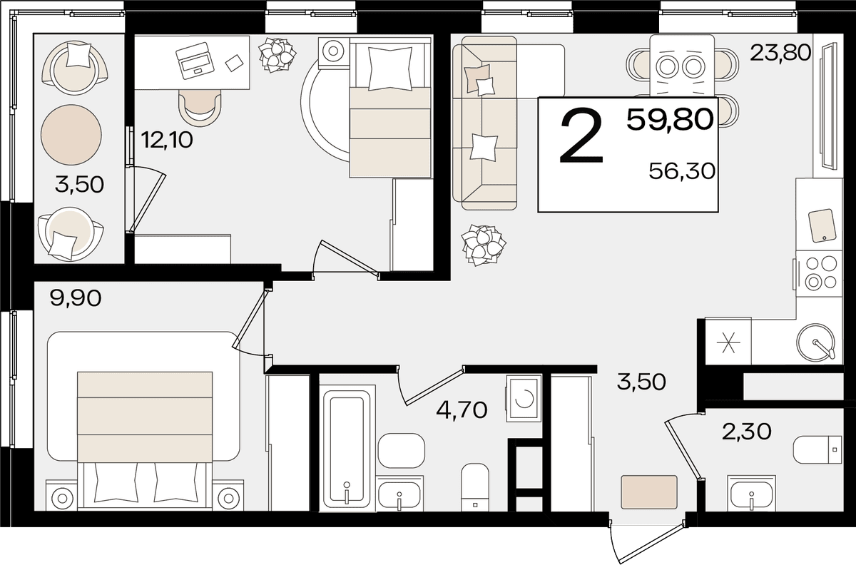 2-к, 59.8 м² · Патрики