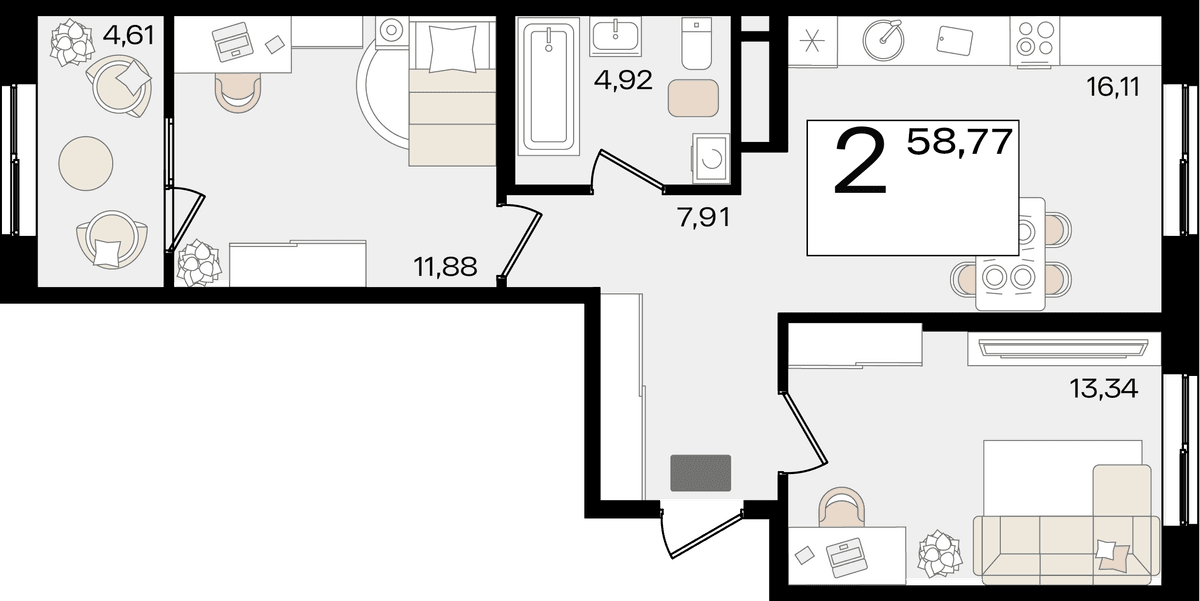 2-к, 58.77 м² · Патрики