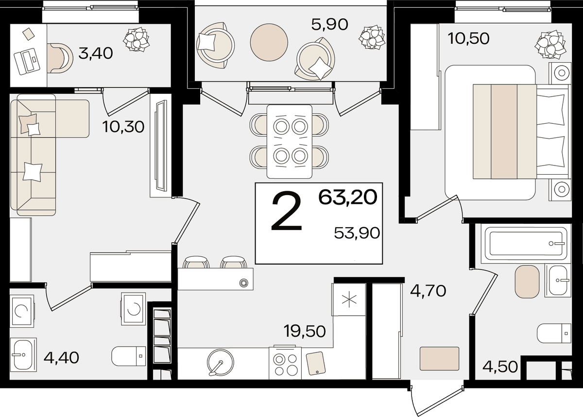 2-к, 63.2 м² · Патрики