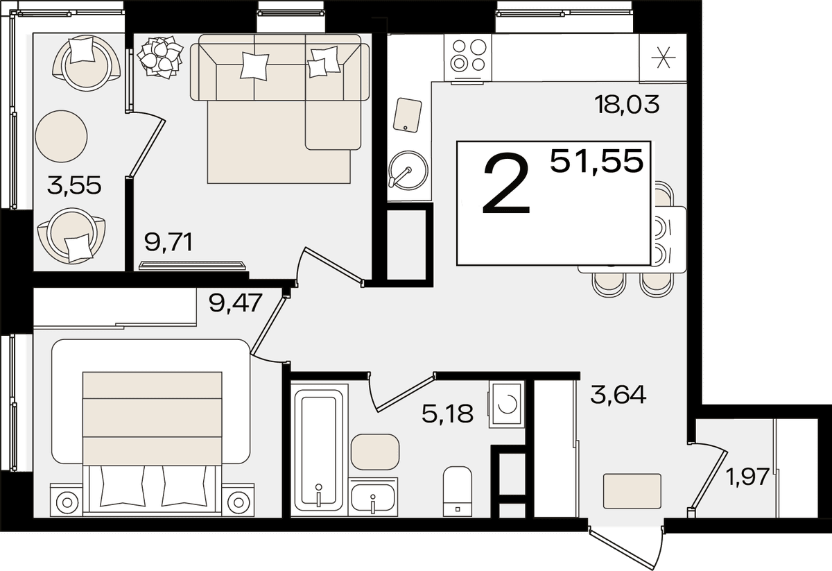 2-к, 51.55 м² · Патрики