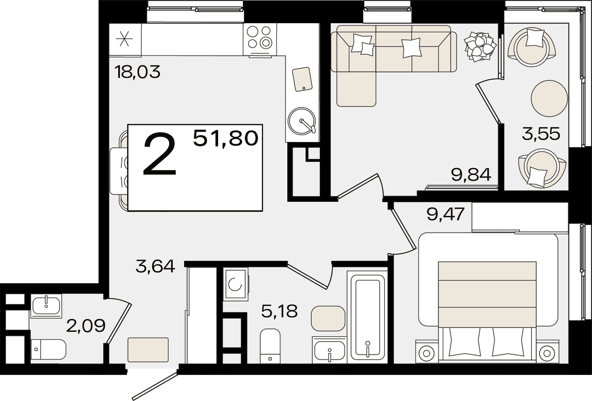 2-к, 51.8 м² · Патрики