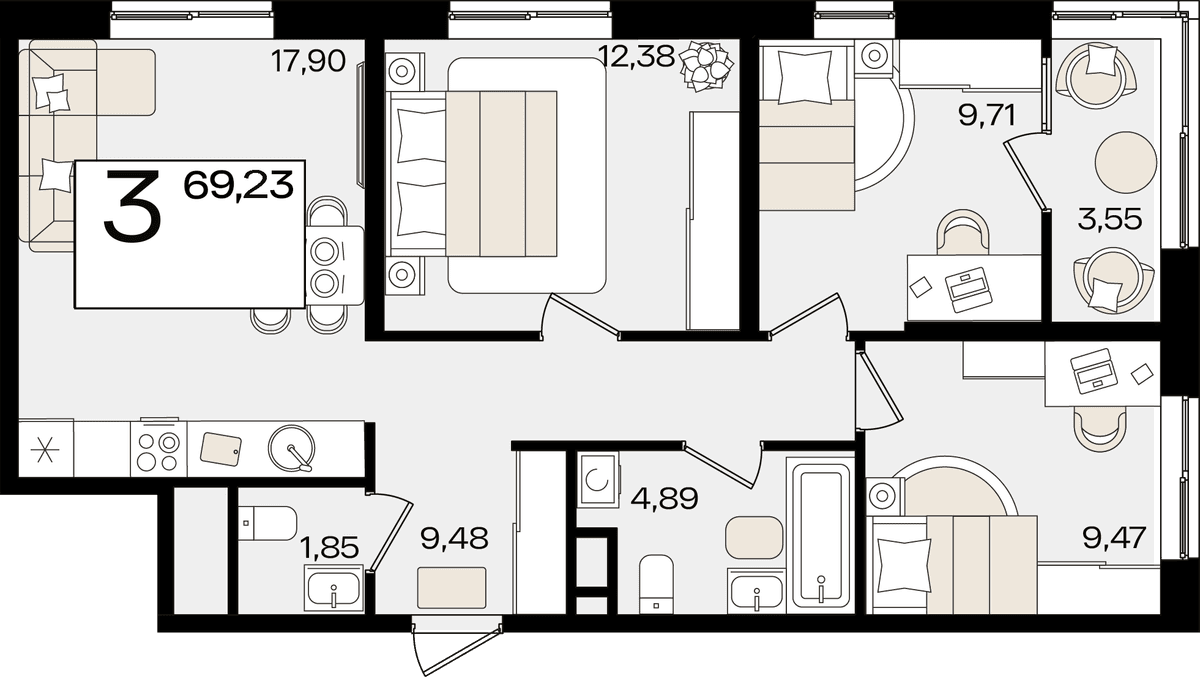 3-к, 69.23 м² · Патрики