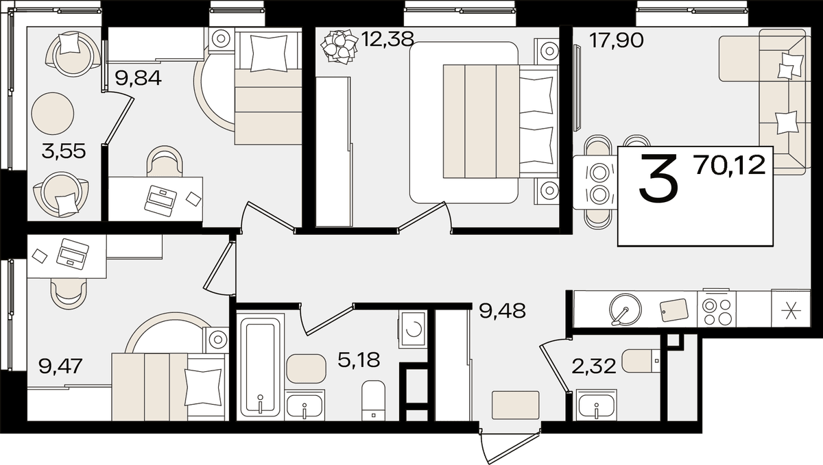 3-к, 70.12 м² · Патрики