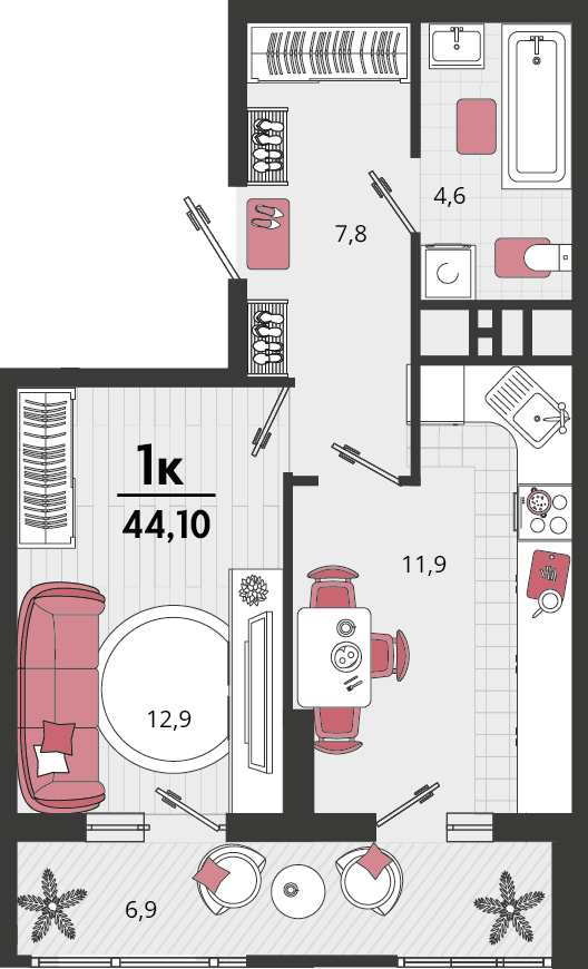 1-к, 44.9 м² · Родные просторы
