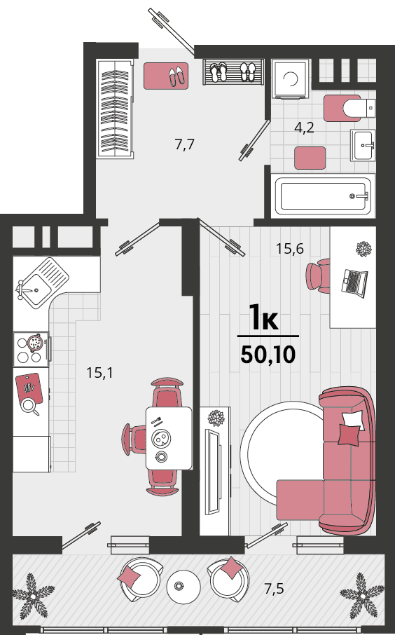 1-к, 51.2 м² · Родные просторы