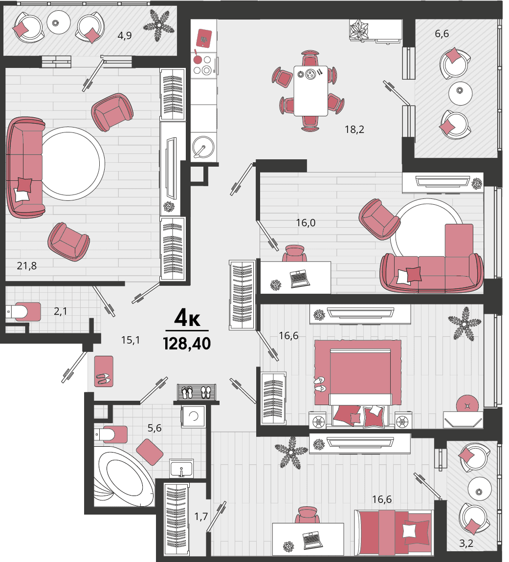 4-к, 126.9 м² · Родные просторы