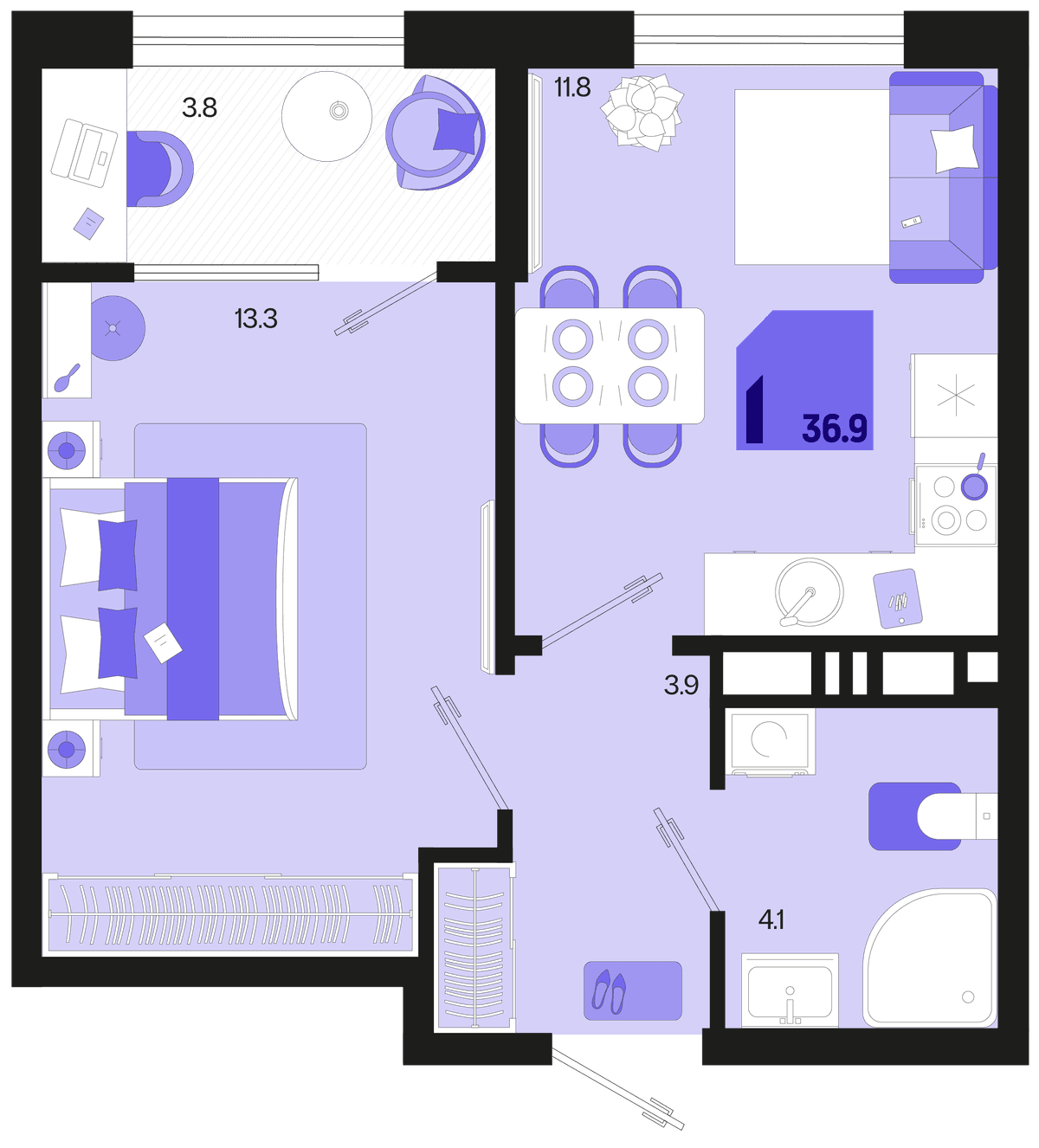 1-к, 36.9 м² · Первое место