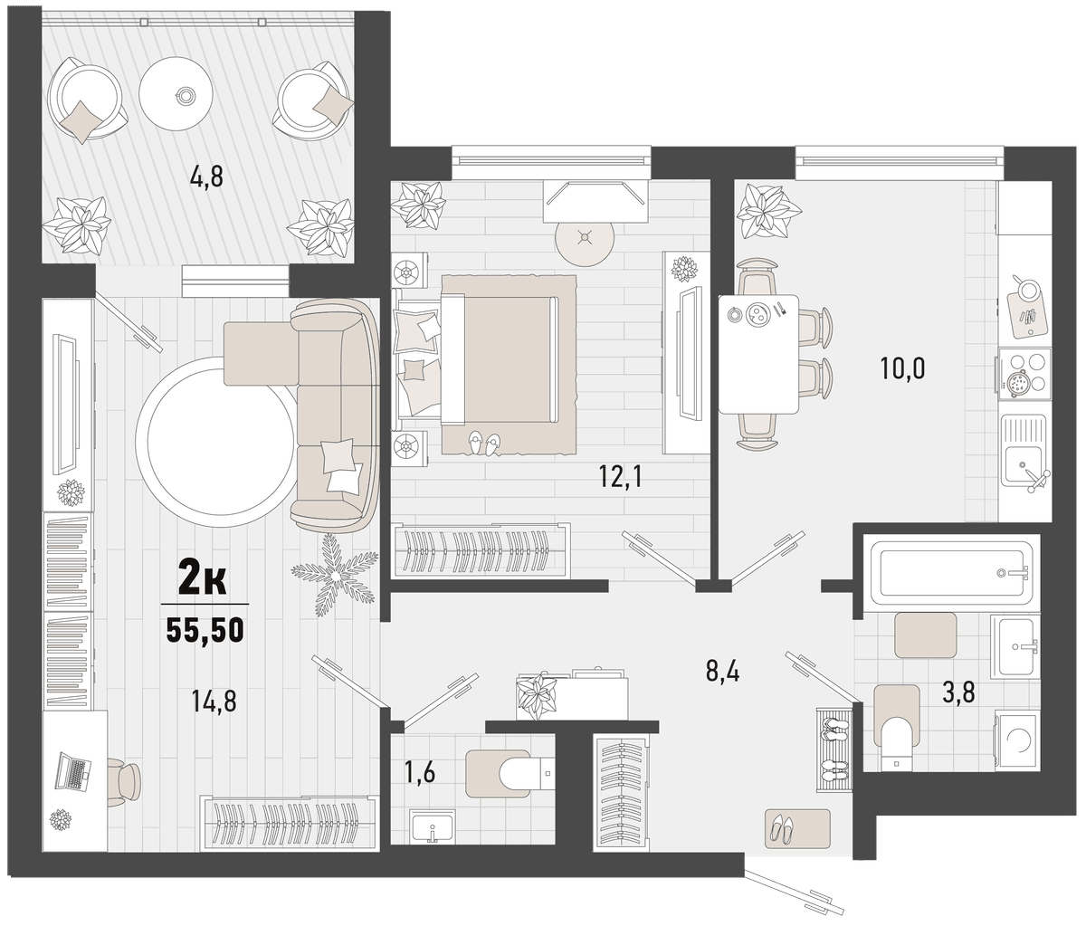 2-к, 55.5 м² · Барса