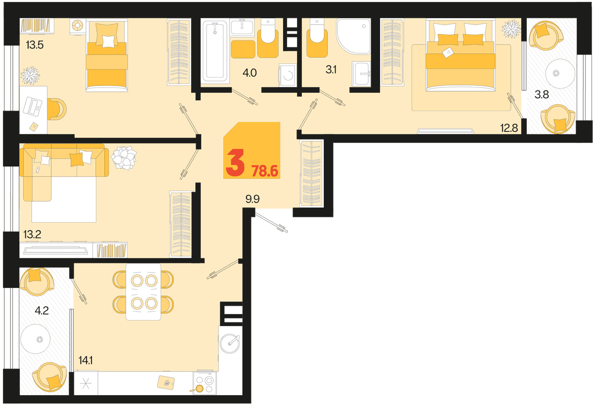3-к, 78.6 м² · Первое место