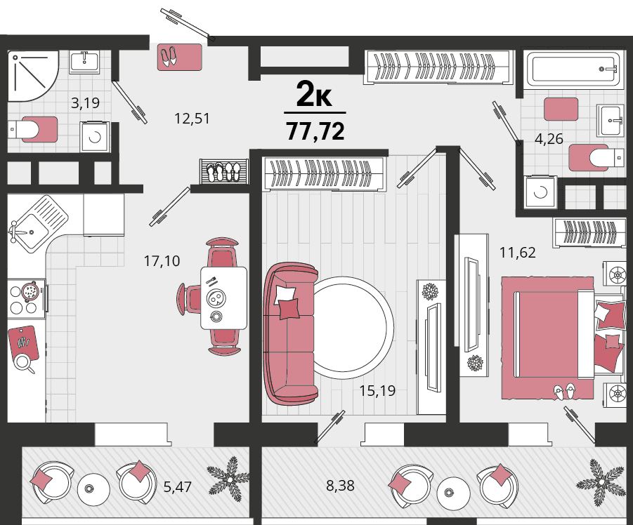 2-к, 77.72 м² · Родные просторы
