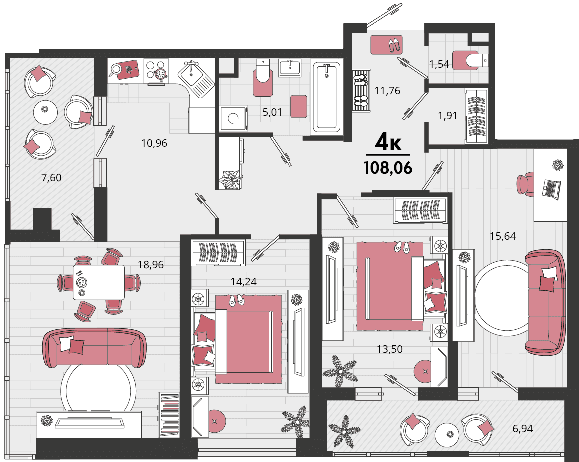 4-к, 108.06 м² · Родные просторы