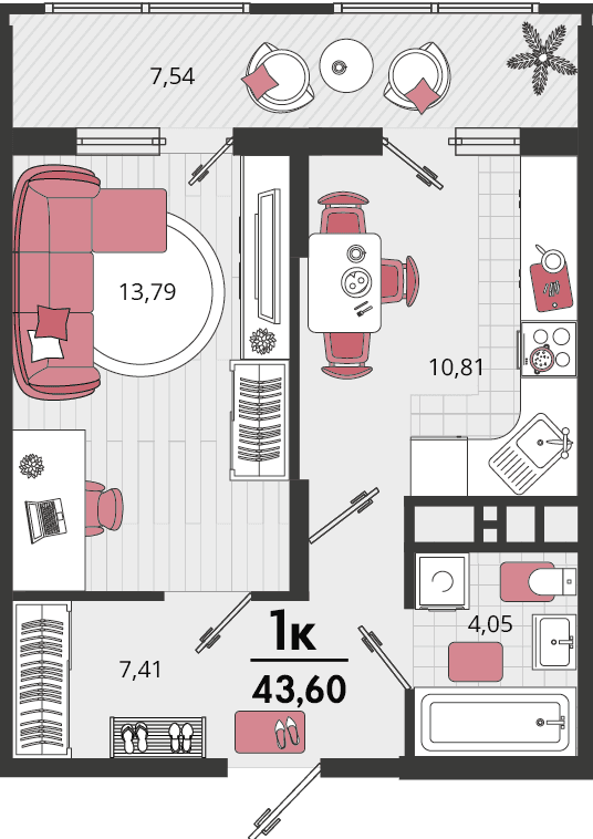 1-к, 43.6 м² · Родные просторы